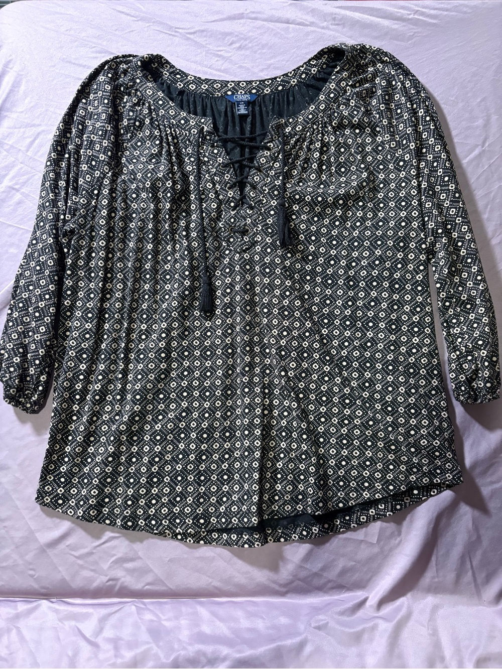 Chaps Black and White Geometric Lace-Up Peasant Top